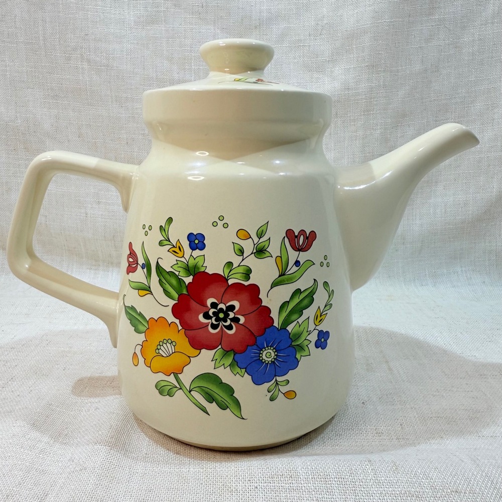 Vintage Floral Ceramic Teapot Cream with Red Blue Yellow Flower Bouquet - Picture 3 of 6